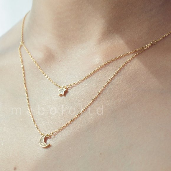 Moon and Star Double Chain Pendant Necklace - Picture 3 of 9